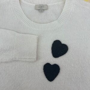 LOFT‎ Womens Sweater Size S Winter White Black Bead Hearts Crew Neck Long Sleeve